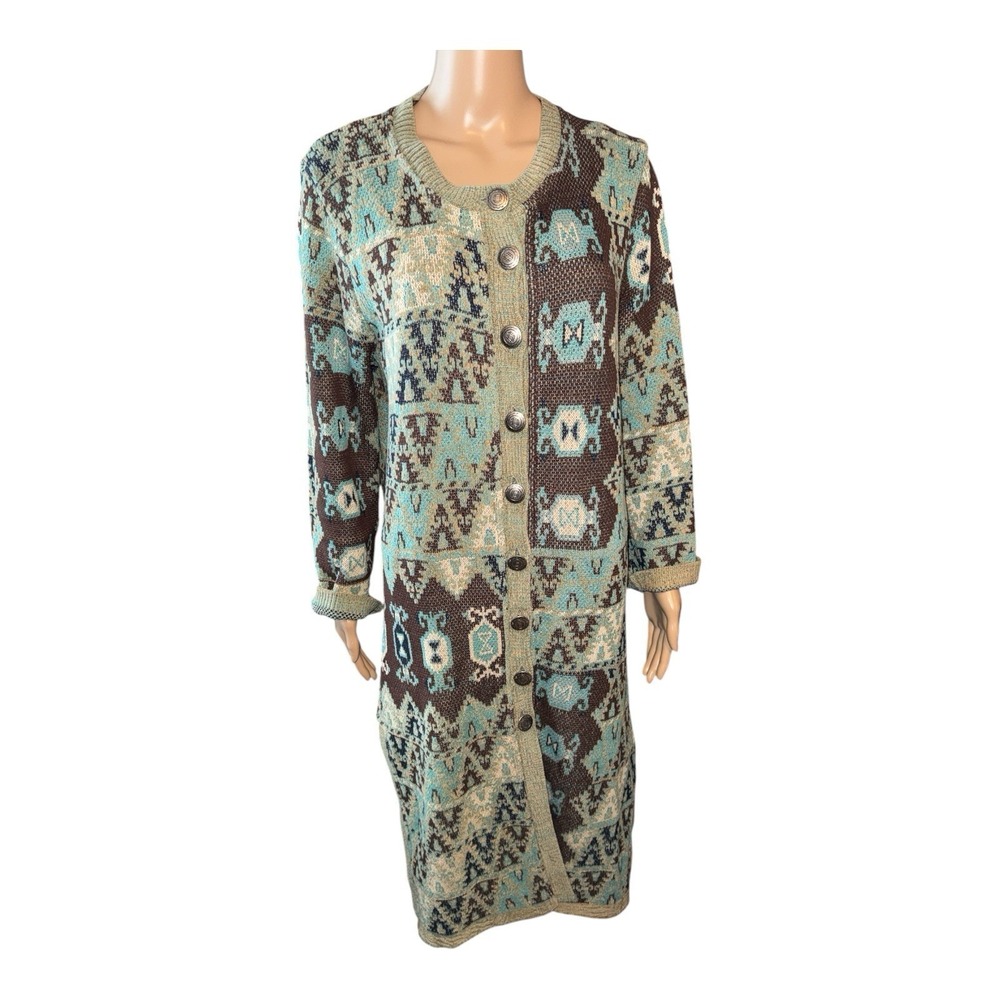 Soft Surroundings Blue Brown Aztec Tapestry Long Maxi Buttoned Duster Cardigan